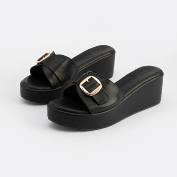 BLACK BUCKLED WEDGES