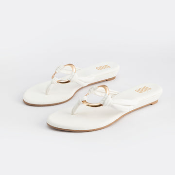 WHITE WEDGES WITH GOLD ROUND BUCKLE