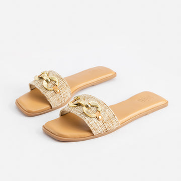 BEIGE JUTE FLATS WITH GOLD BUCKLE