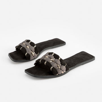 BLACK AND GREY SUEDE COMFORT FLATS WITH GOLD DETAILING