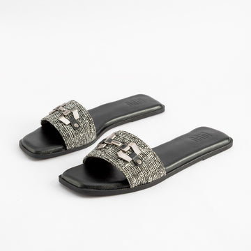 BLACK JUTE FLATS WITH SILVER BUCKLE