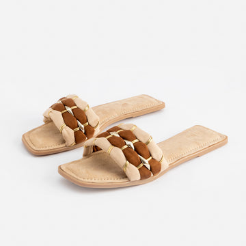 BROWN AND CREAM SUEDE COMFORT FLATS WITH SILVER DETAILING