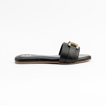 ONYX BLACK FLATS WITH DULL GOLD BUCKLE