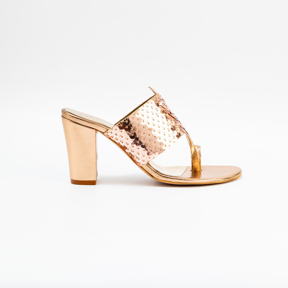 Rose Gold Sequence Strap Block Heels