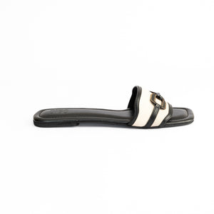 BLACK AND BEIGE SELF DESIGN SLIDES WITH BUCKLE