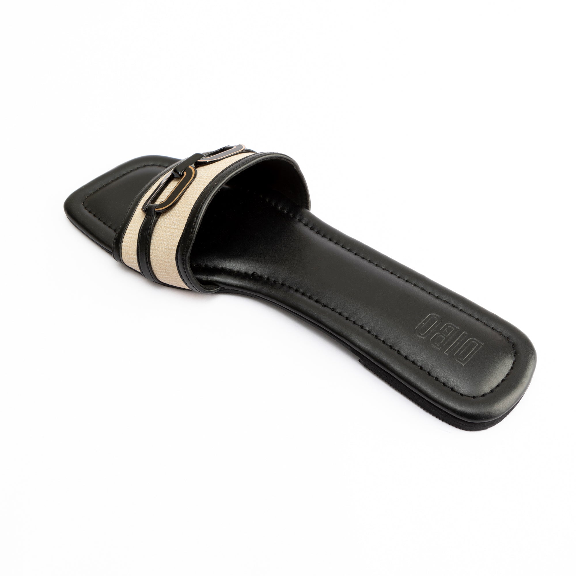 BLACK AND BEIGE SELF DESIGN SLIDES WITH BUCKLE