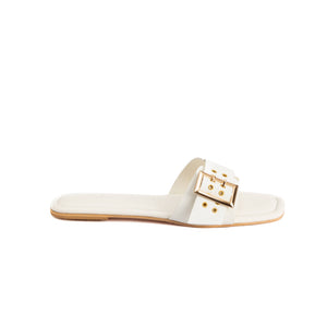 White Cushioned Sandals With Gold Buckle