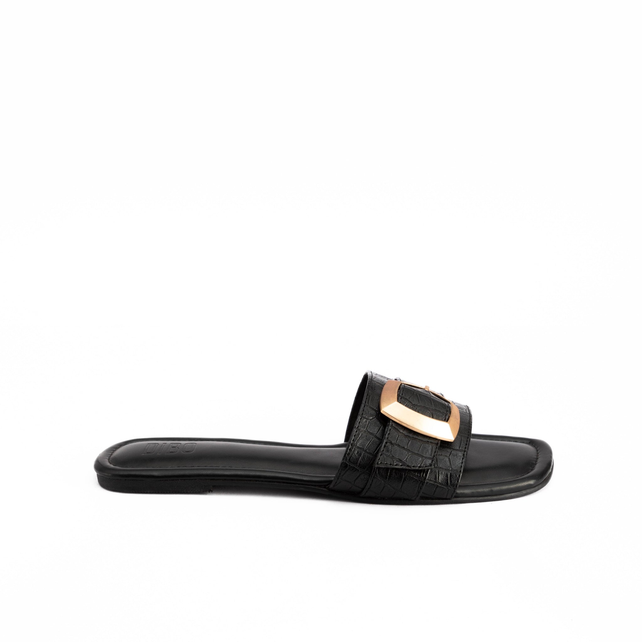 JET BLACK FLATS WITH GOLD BUCKLE
