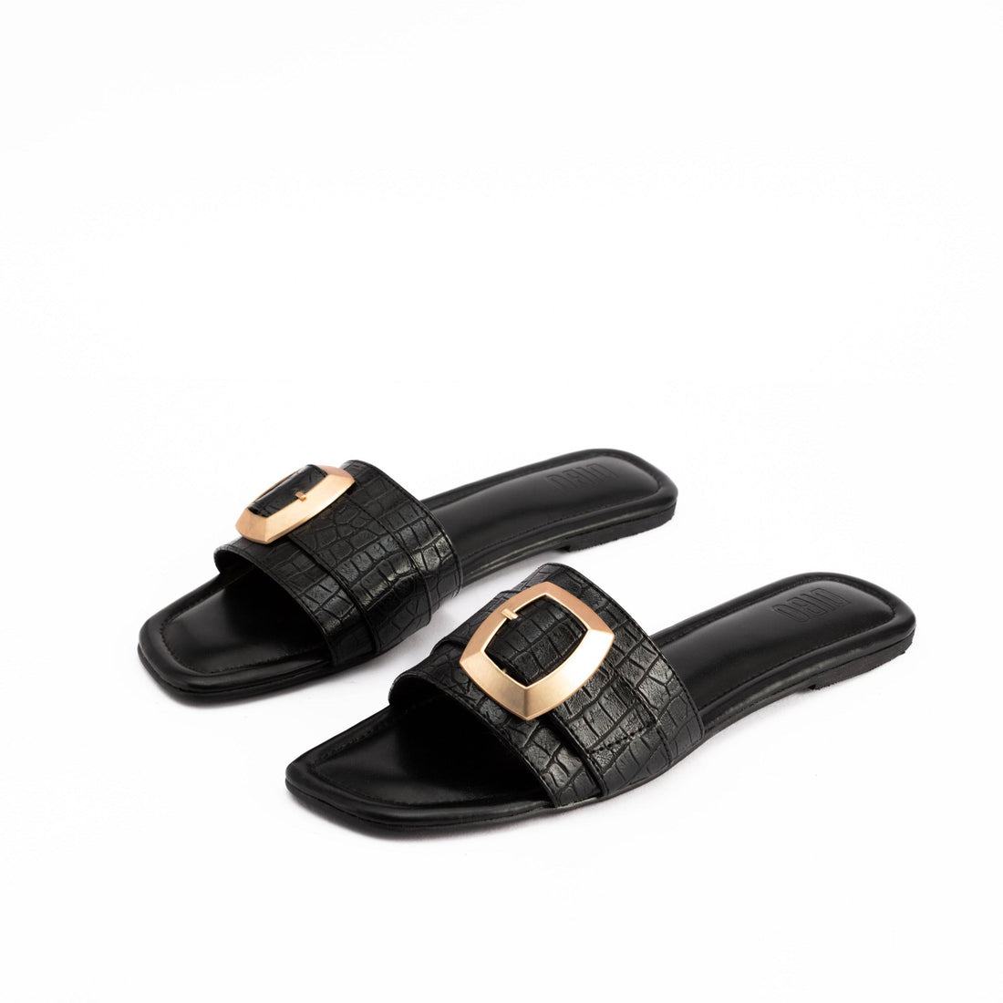 JET BLACK FLATS WITH GOLD BUCKLE