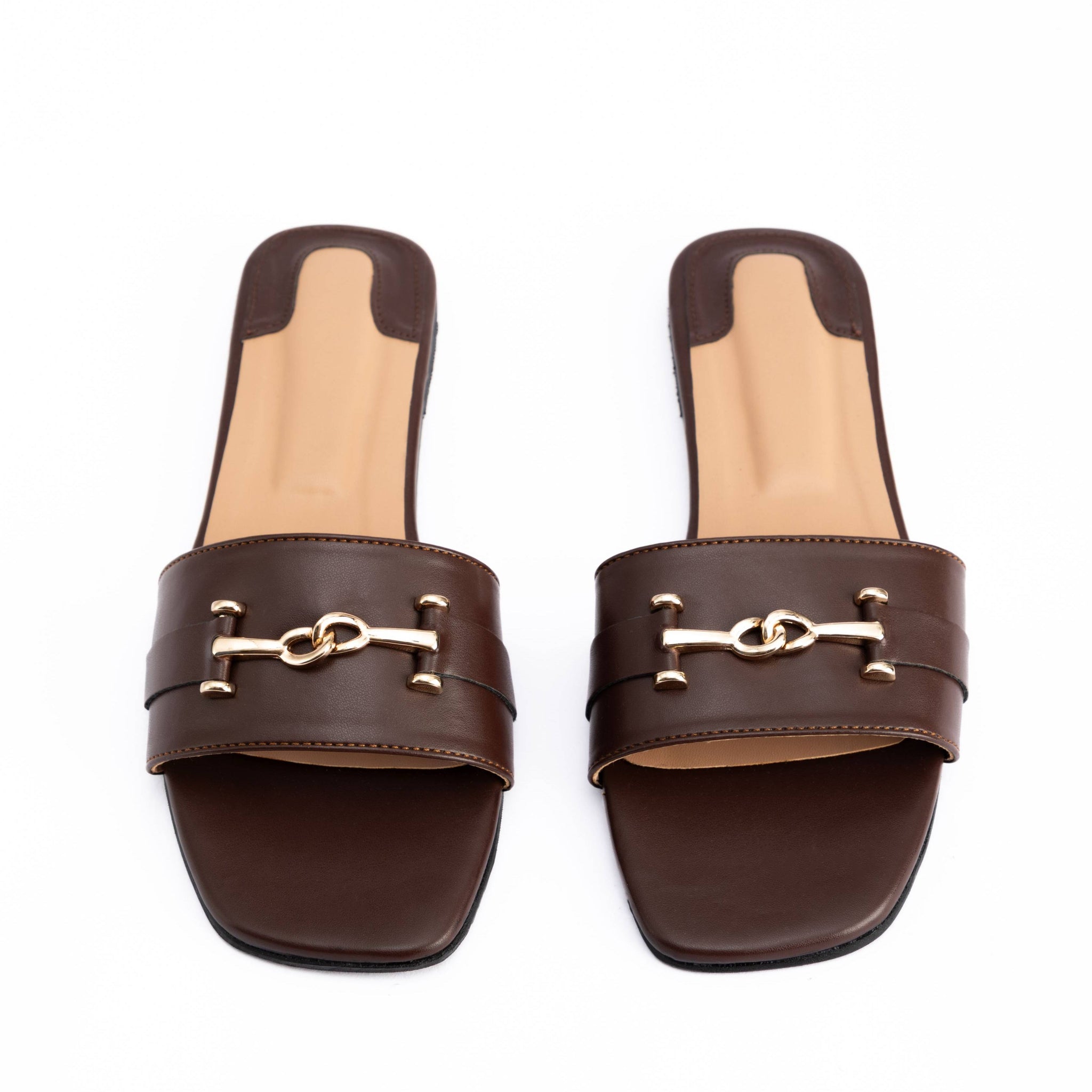 Coffee Brown Flats With Gold Buckle