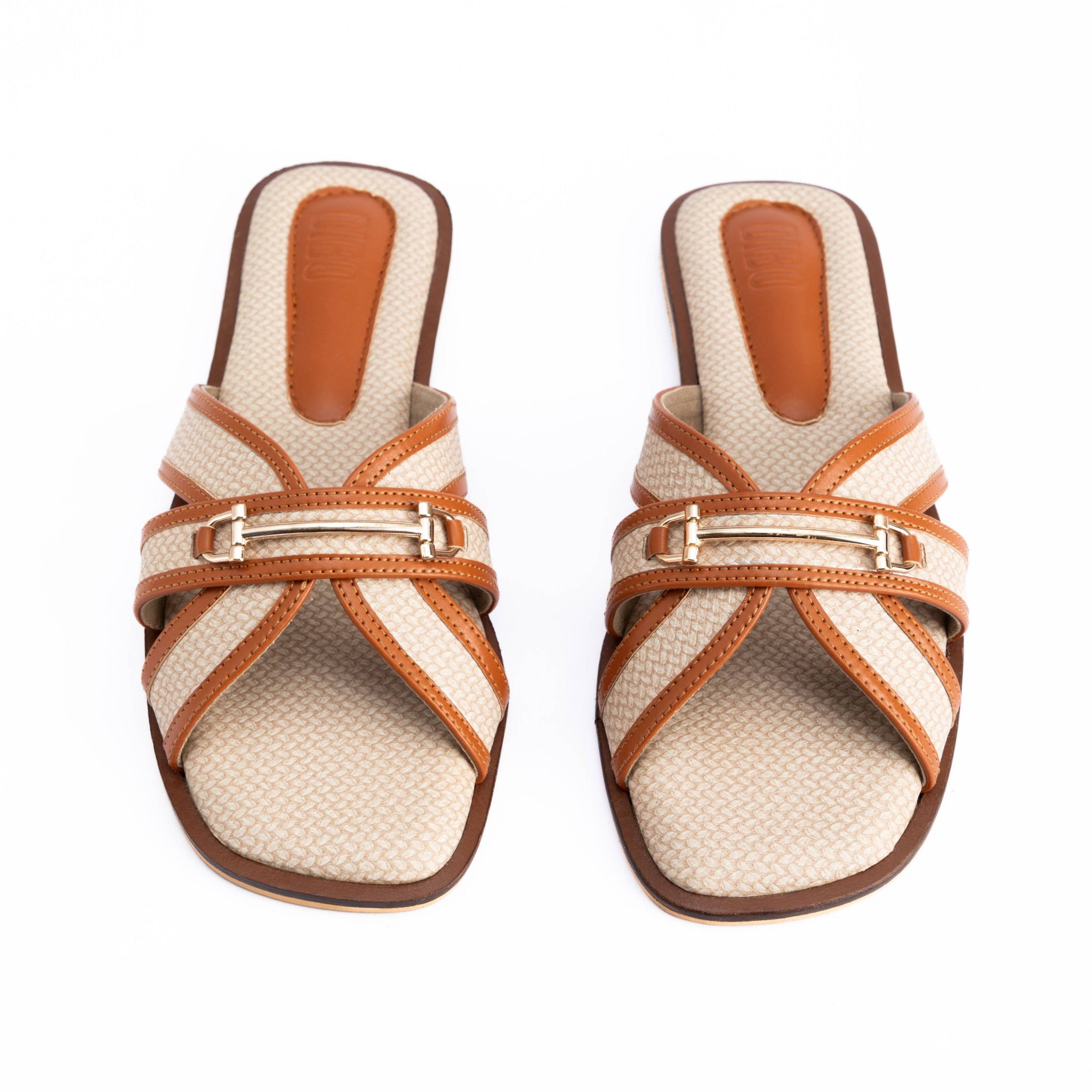 Beige And Brown  Sandals With Gold Buckle