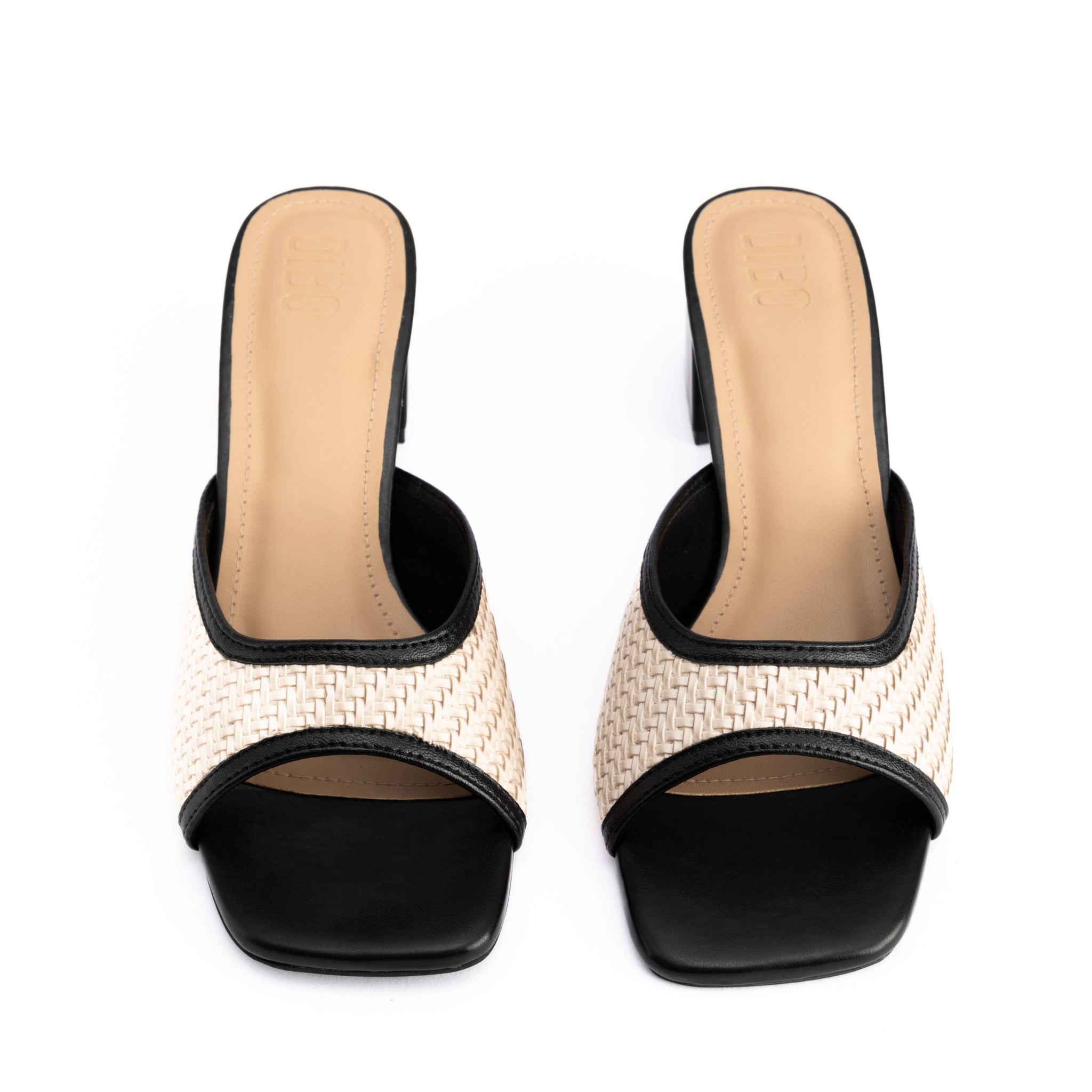 BEIGE WITH BLACK PIPING COMFORT BLOCK HEELS