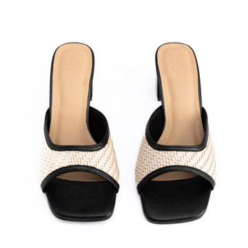 BEIGE WITH BLACK PIPING COMFORT BLOCK HEELS