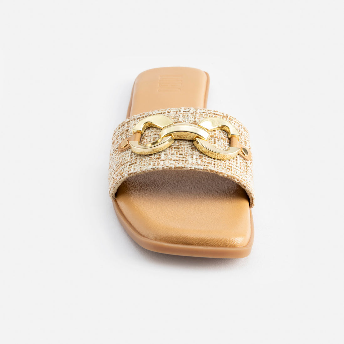 BEIGE JUTE FLATS WITH GOLD BUCKLE