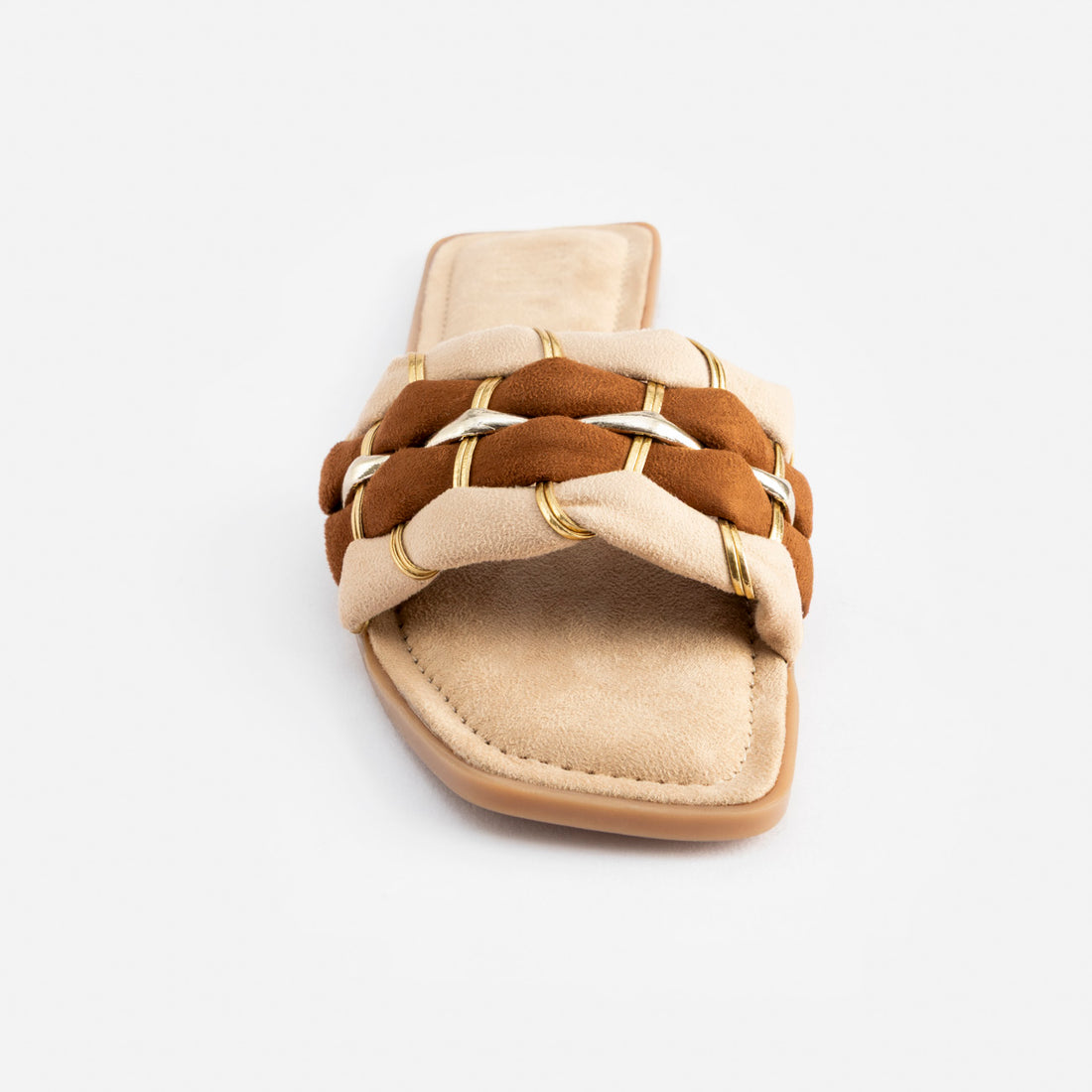 BROWN AND CREAM SUEDE COMFORT FLATS WITH SILVER DETAILING