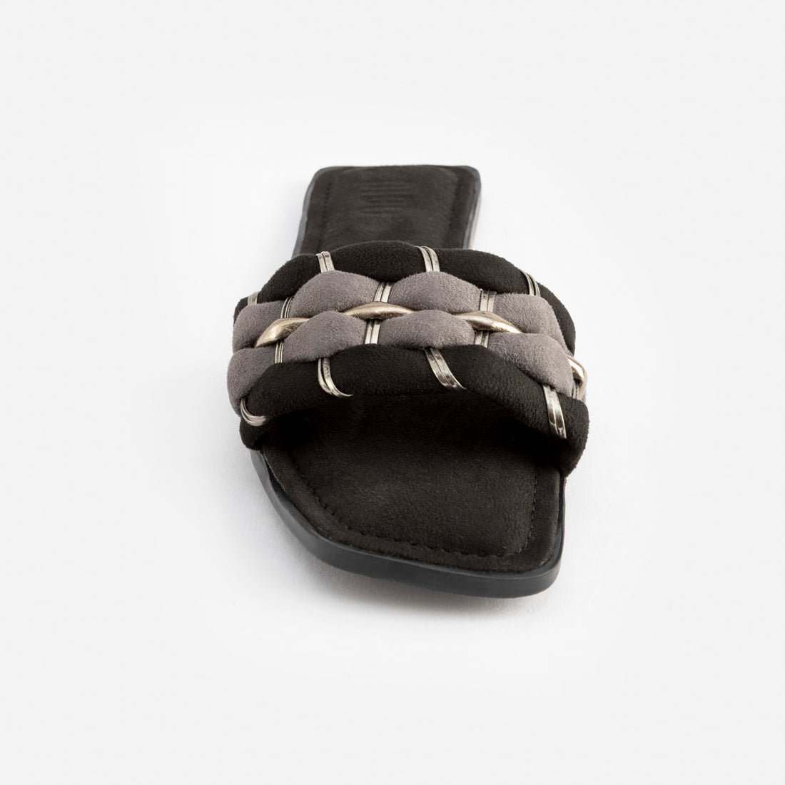 BLACK AND GREY SUEDE COMFORT FLATS WITH GOLD DETAILING