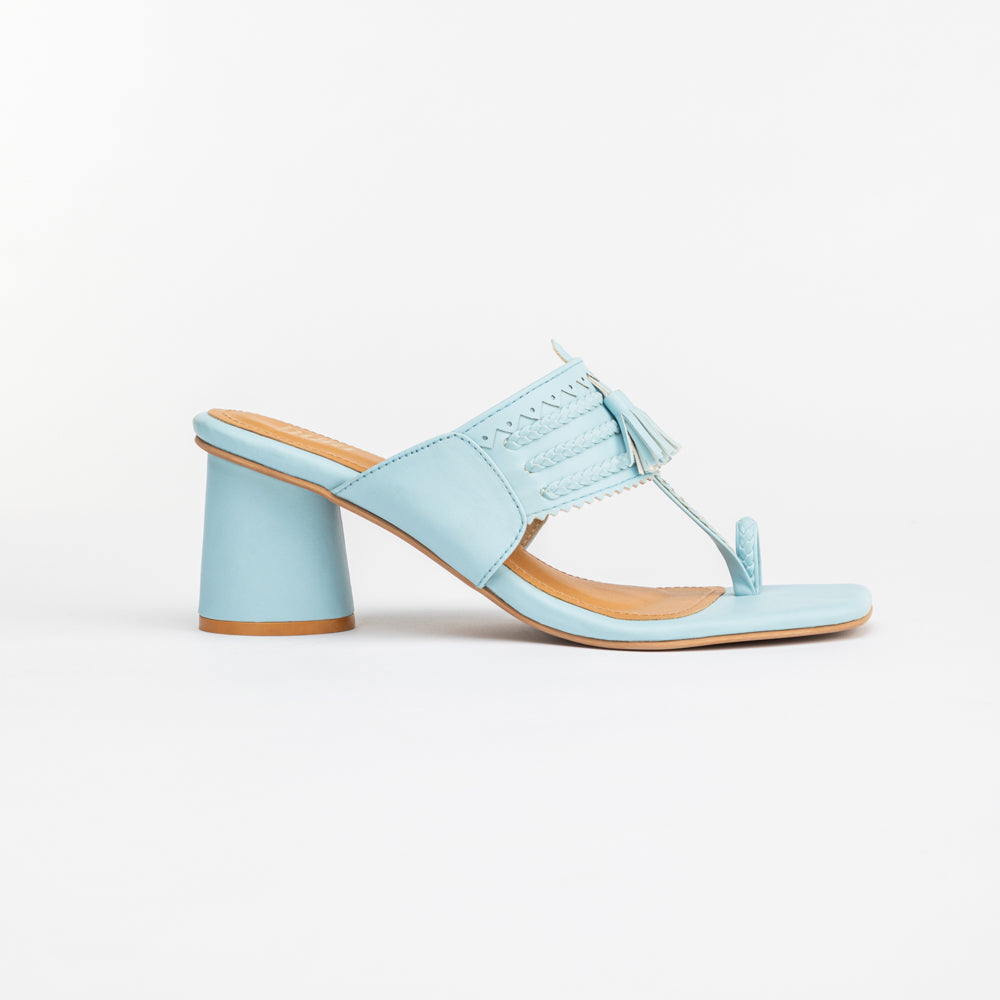 SKY BLUE TASSEL DETAIL KOLHAPURI IN BLOCK HEELS