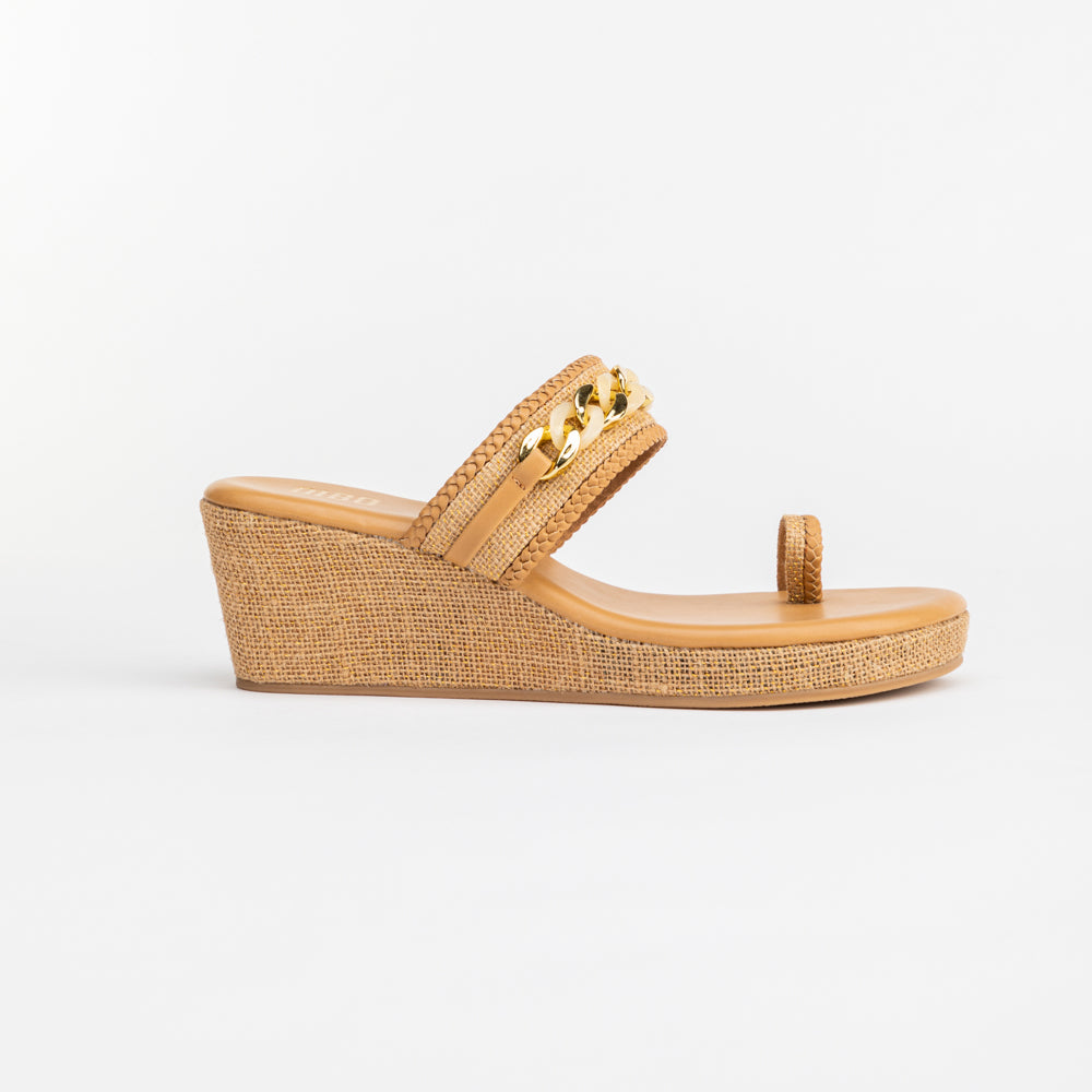 GOLD JUTE FABRIC WEDGES WITH CHAIN DETAIL