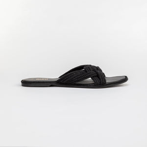 Jet Black Knotted Strappy Slides