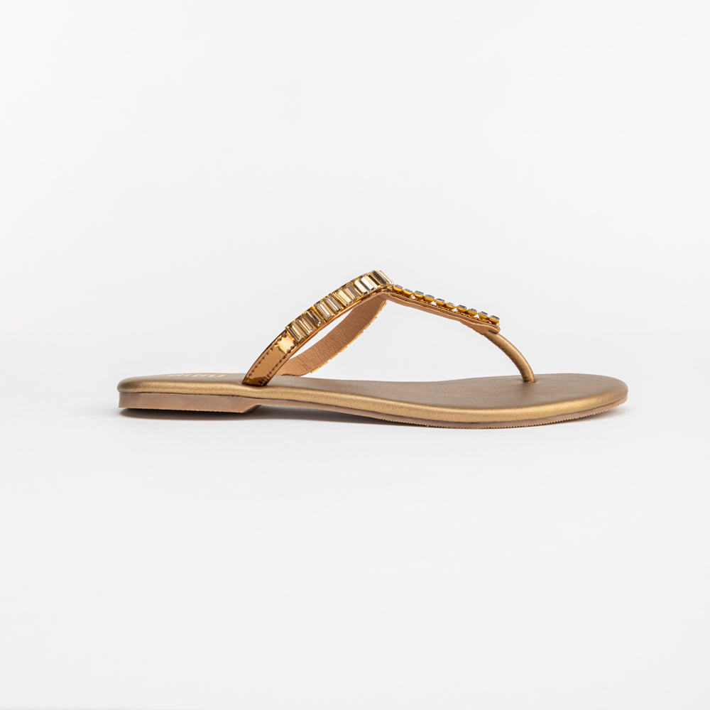 Medium Gold Embellished T-Strap Flat Sandals