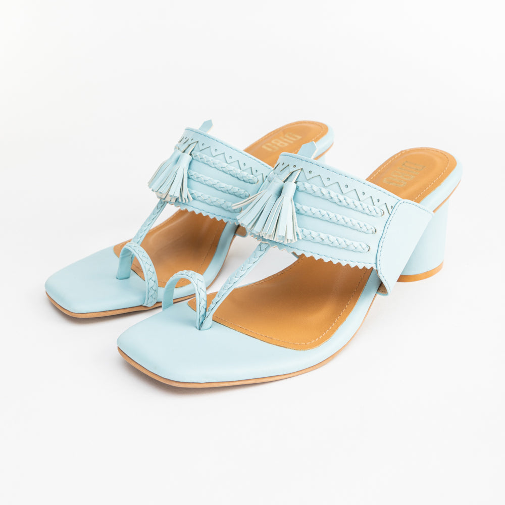 SKY BLUE TASSEL DETAIL KOLHAPURI IN BLOCK HEELS