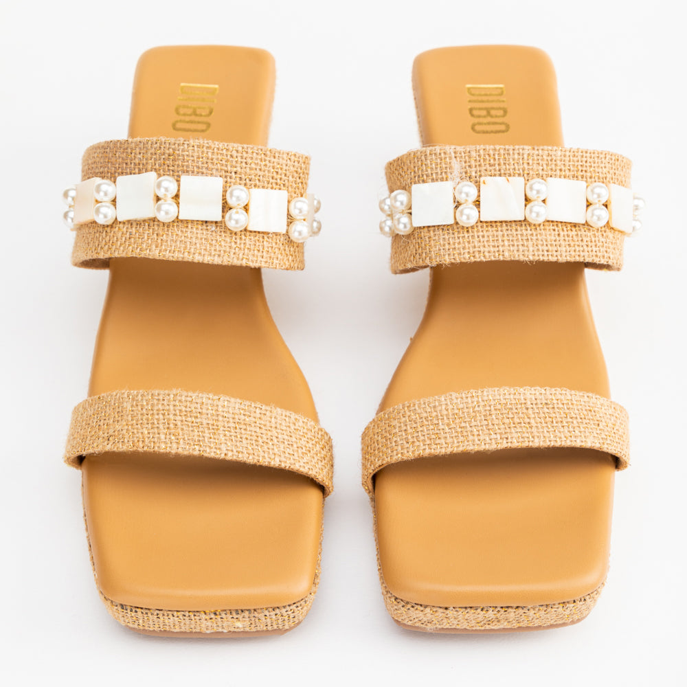 LIGHT BROWN JUTE FABRIC WEDGES WITH PEARL DETAIL