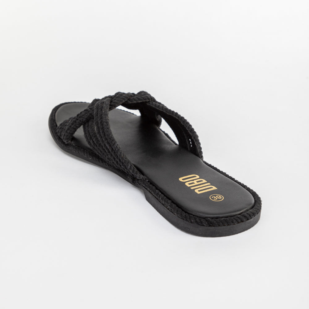 Jet Black Knotted Strappy Slides