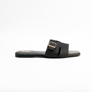 CHARCOAL BLACK FLATS WITH GOLD BUCKLE