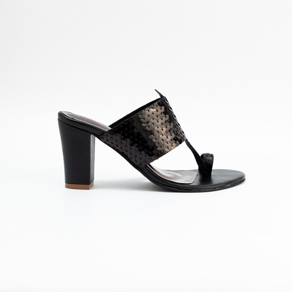 Black Sequence Strap Block Heels