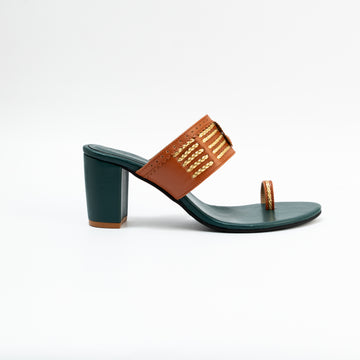 BROWN AND GREEN BLOCK HEELS KOLHAPURI