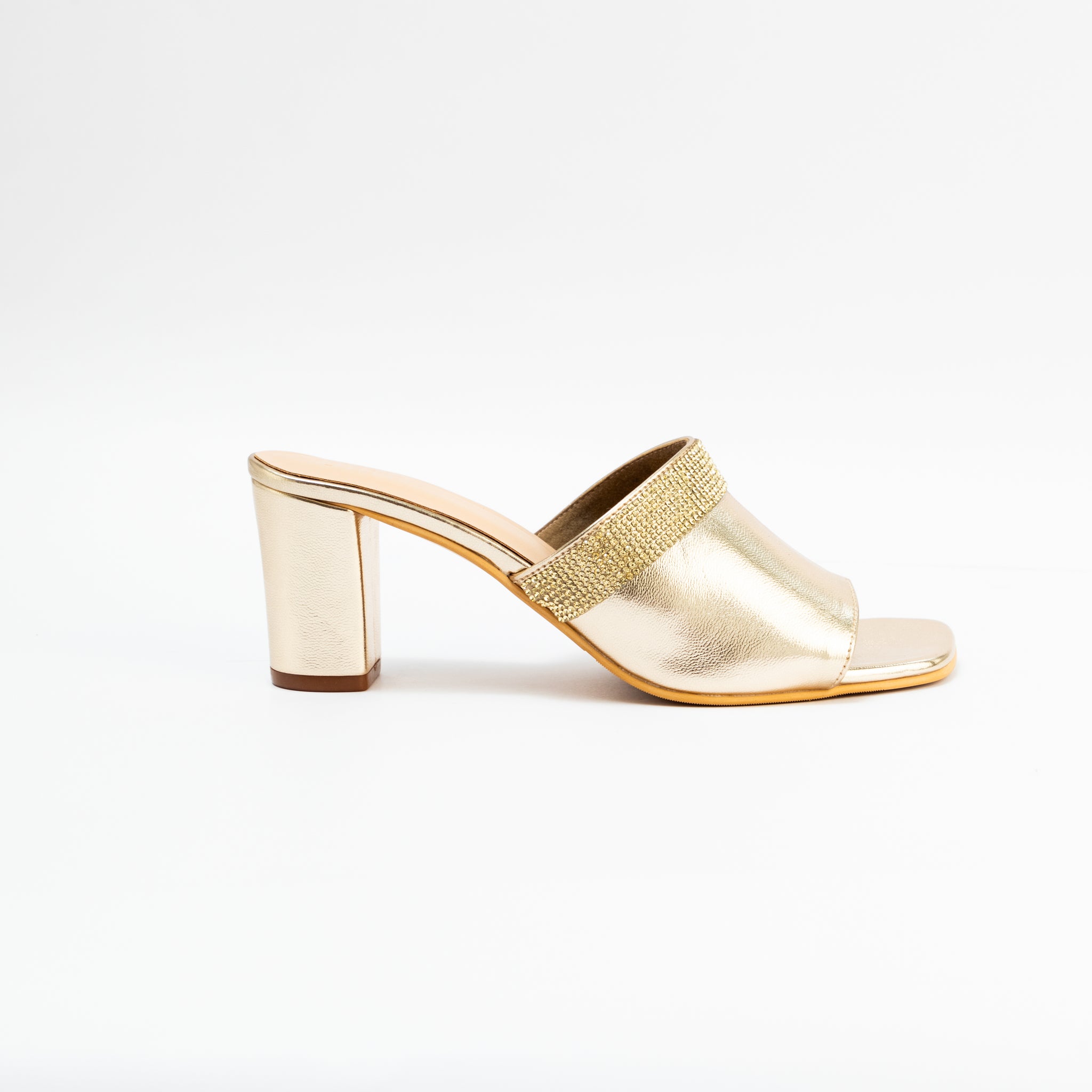 Dull Gold Block Embellished High Heel Mules