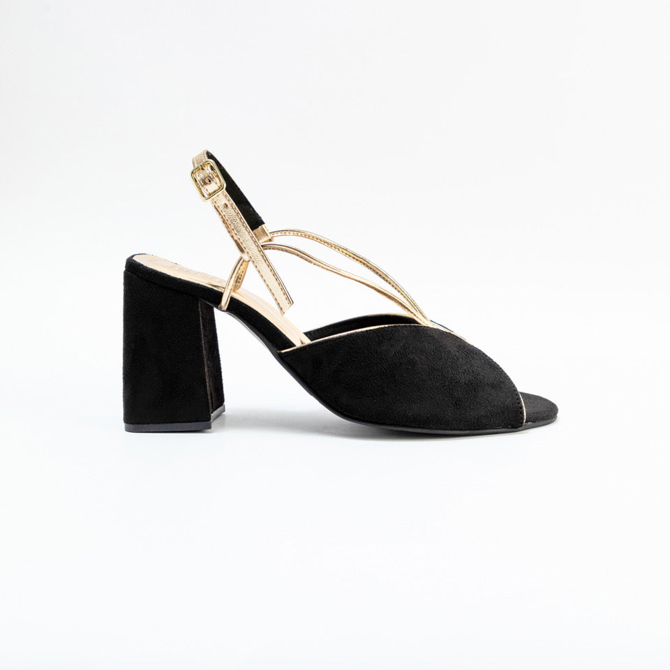 Onyx Black Suede Block Heels with Gold Straps