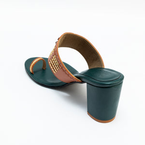 Brown and Green Block Heel Kolhapuri with Gold Braiding