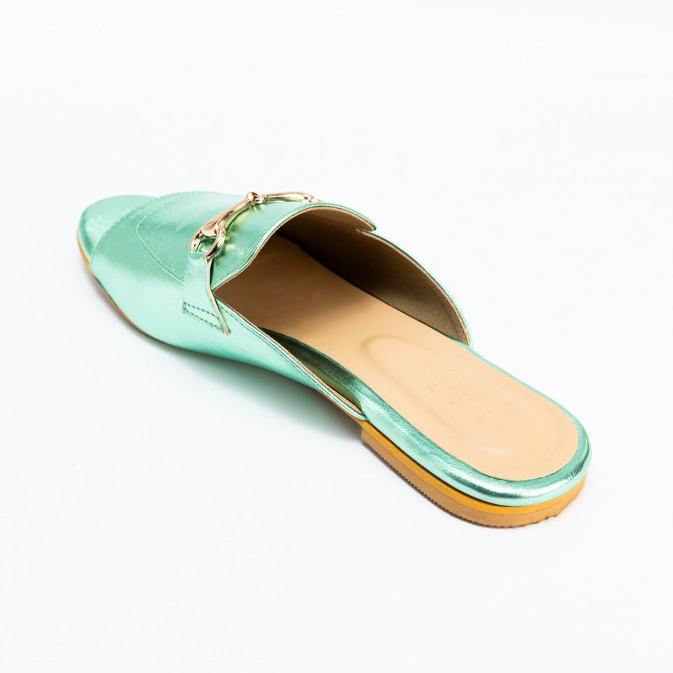 Teal Flat Sandals with Gold Buckle