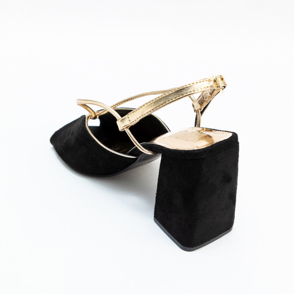 Onyx Black Suede Block Heels with Gold Straps